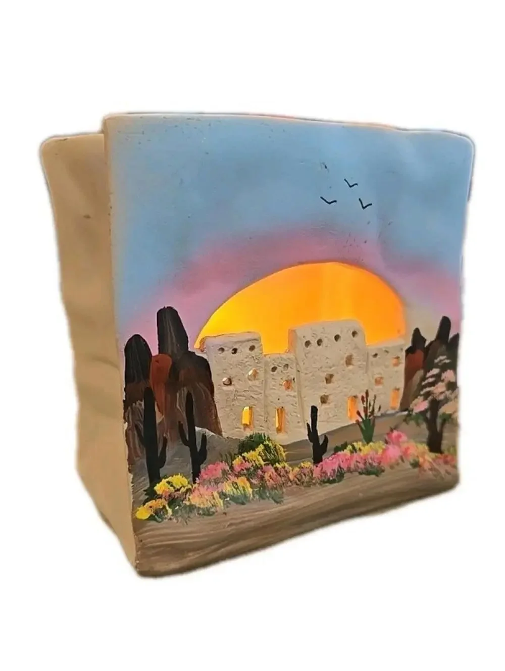 Southwest Design Pottery Accent Light Handpainted Houses W/Light READ